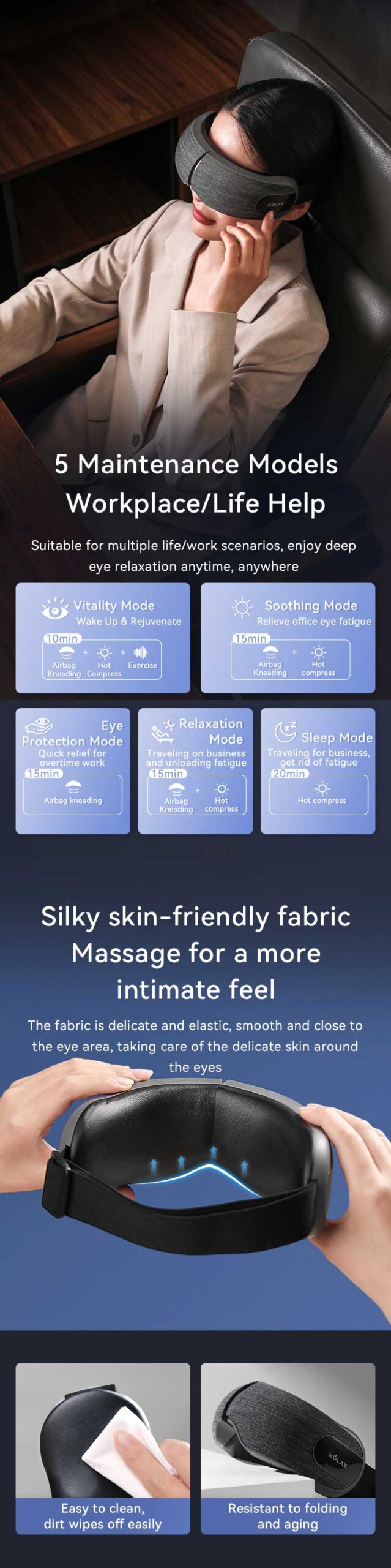 Airbag Eye Massager: resting use, mode guide and padded interior.