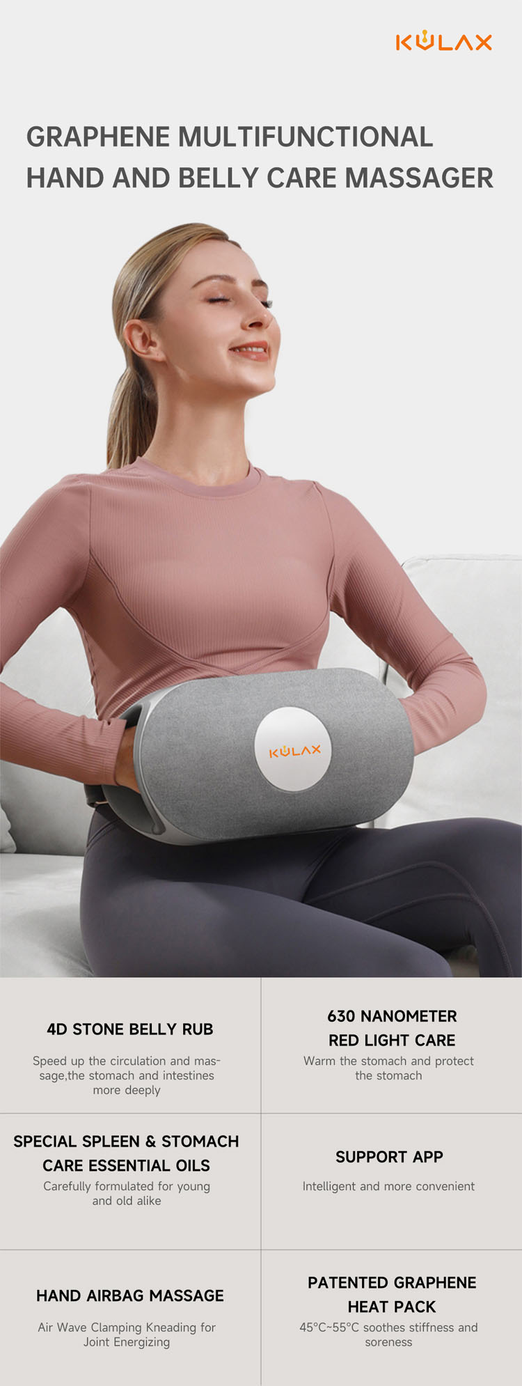 Graphene Multi-Purpose Hand & Abdomen Massager: seated use and product overview.
