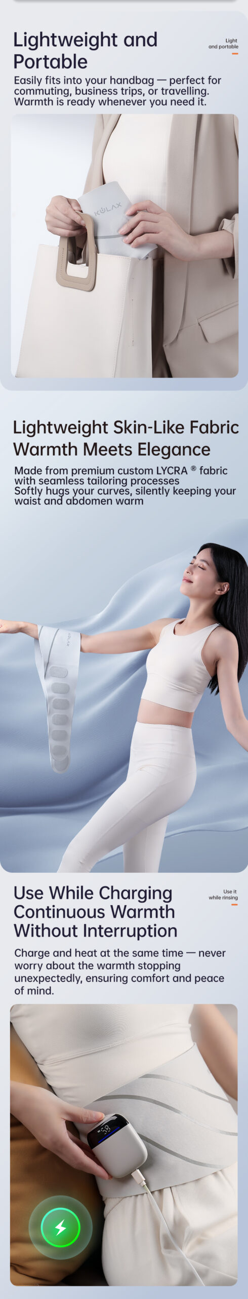 Graphene Heated Massage Belt: fastening, reclining use and controller guide.