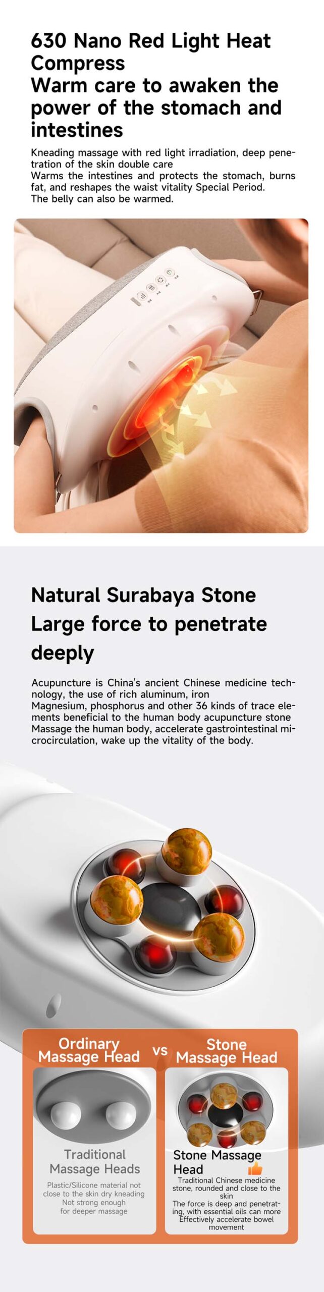 Graphene Multi-Purpose Hand & Abdomen Massager: massage roller and contact point detail guide.