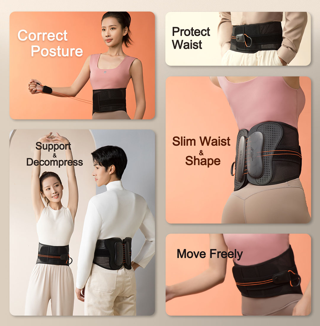 Graphene Pulley Waist Back Support Brace: multiple wearing and adjustment examples.