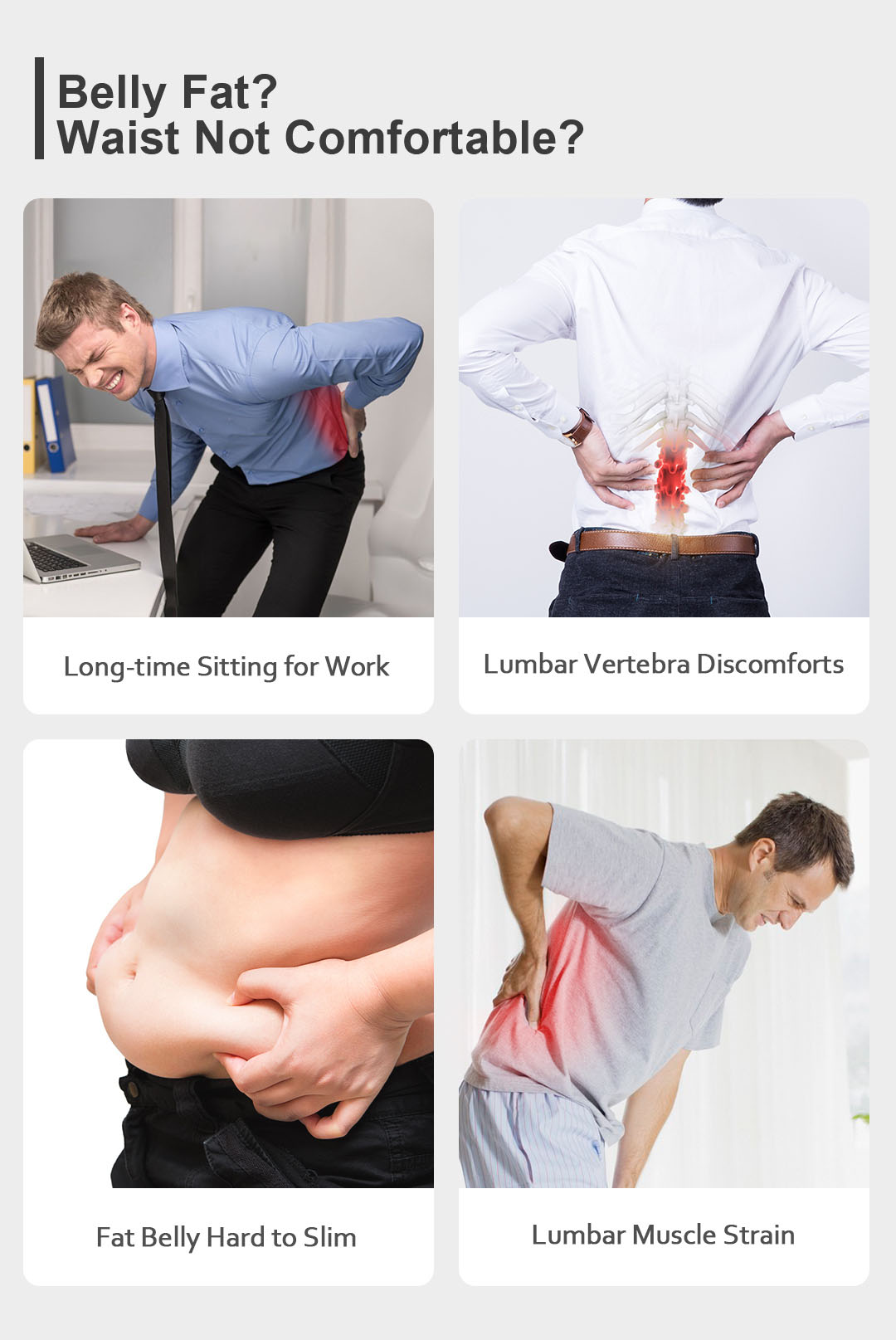 Graphene Pulley Waist Back Support Brace: waist posture and daily discomfort illustrations.