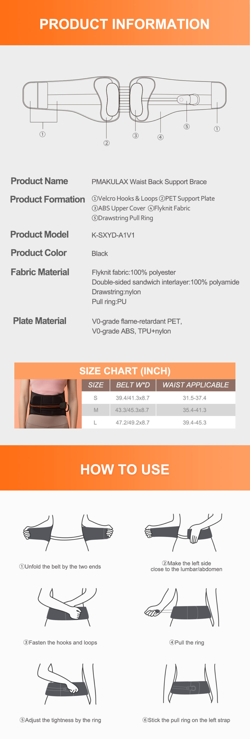 Graphene Pulley Waist Back Support Brace: product information and wearing instructions.