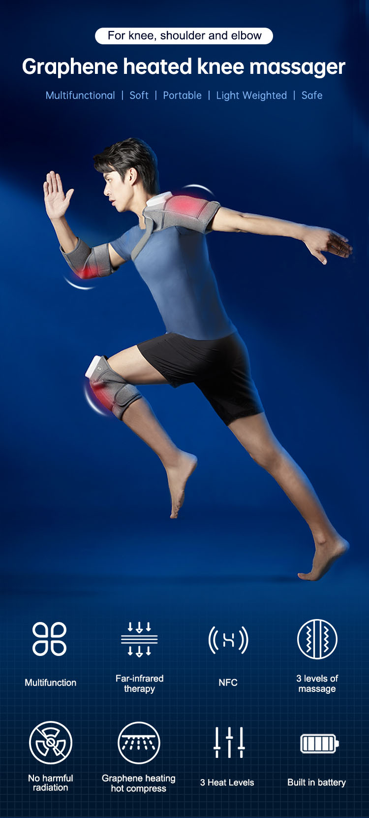 Graphene Multifunctional Knee Brace: athletic wearing scene and feature overview.