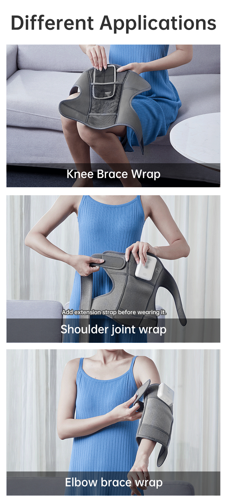 Graphene Multifunctional Knee Brace: three body positioning examples.