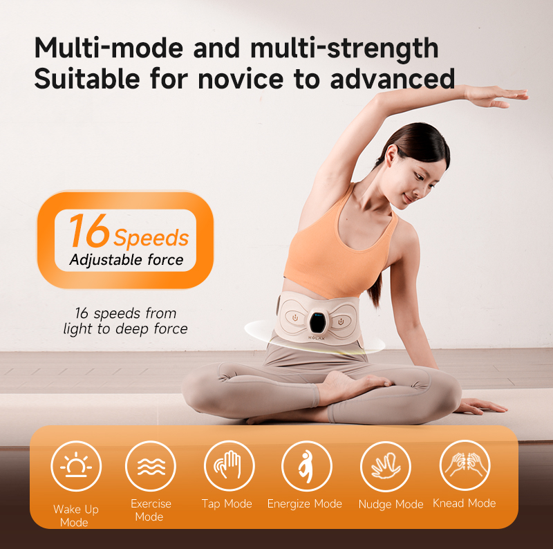EMS Abdominal & Waist Trainer: seated stretching scene and operating mode icons.