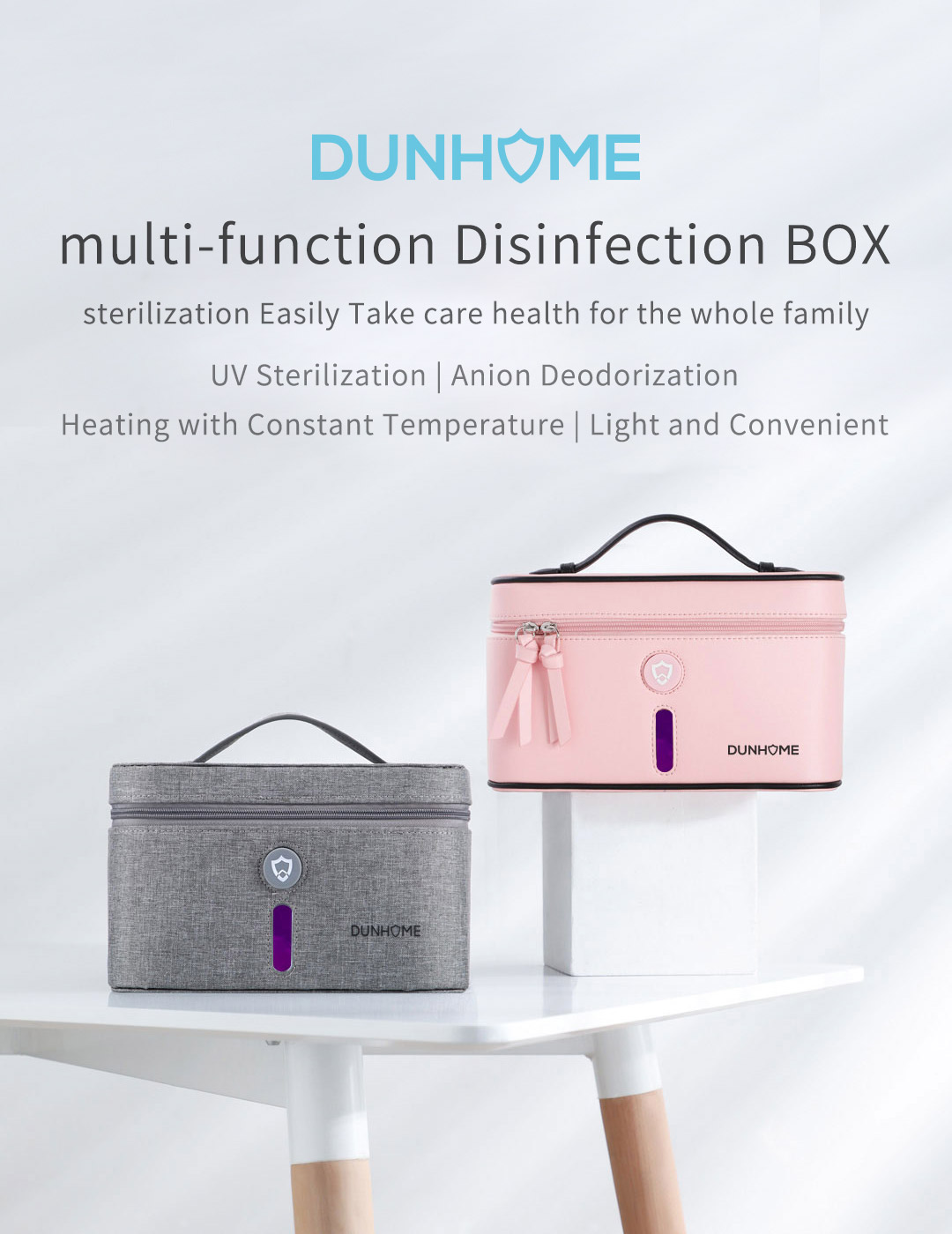 Gray and pink UV disinfection box overview