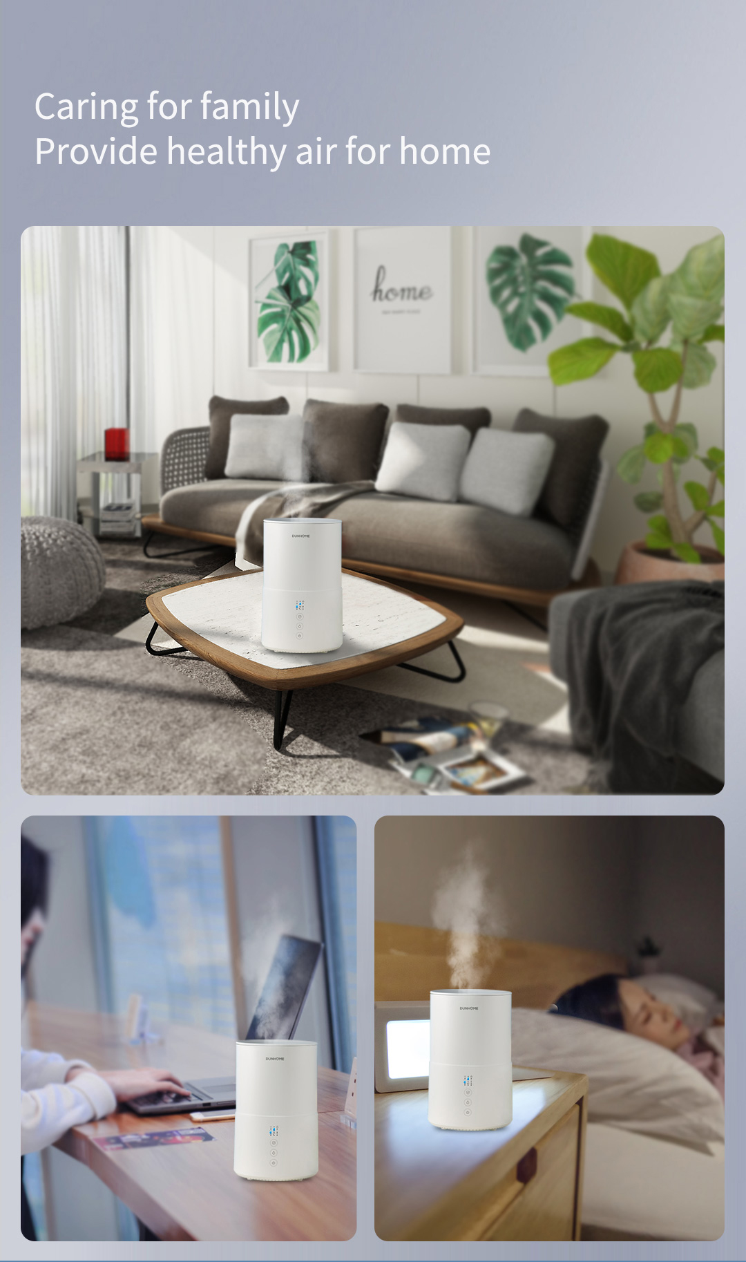 KD001 smart air sterilizer shown in home settings