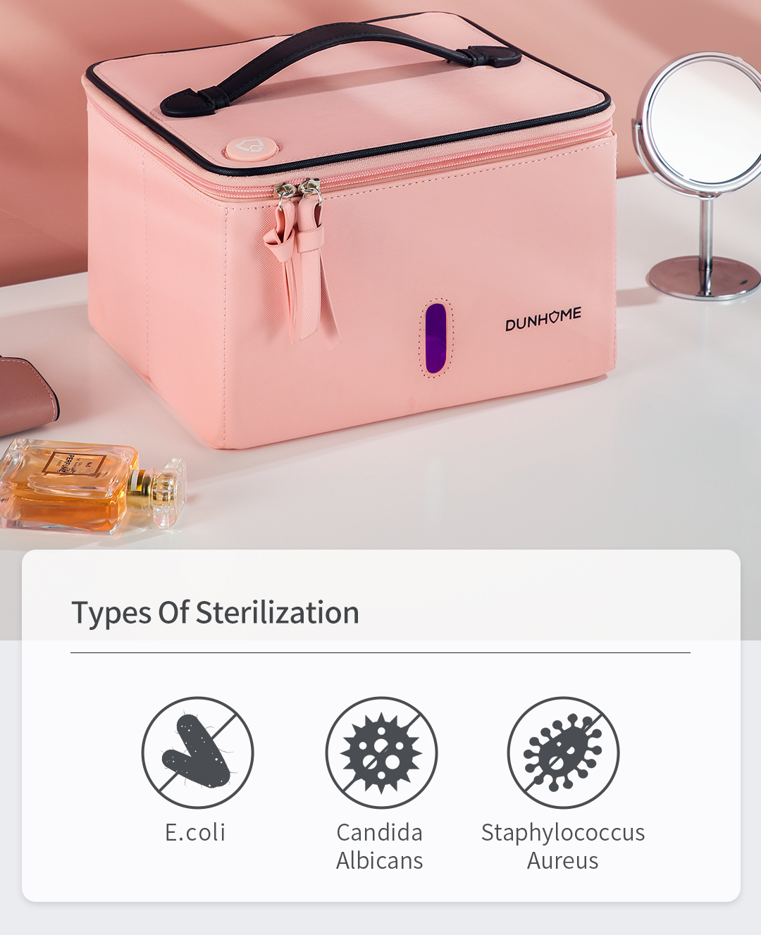 Pink foldable UV disinfection bag function overview