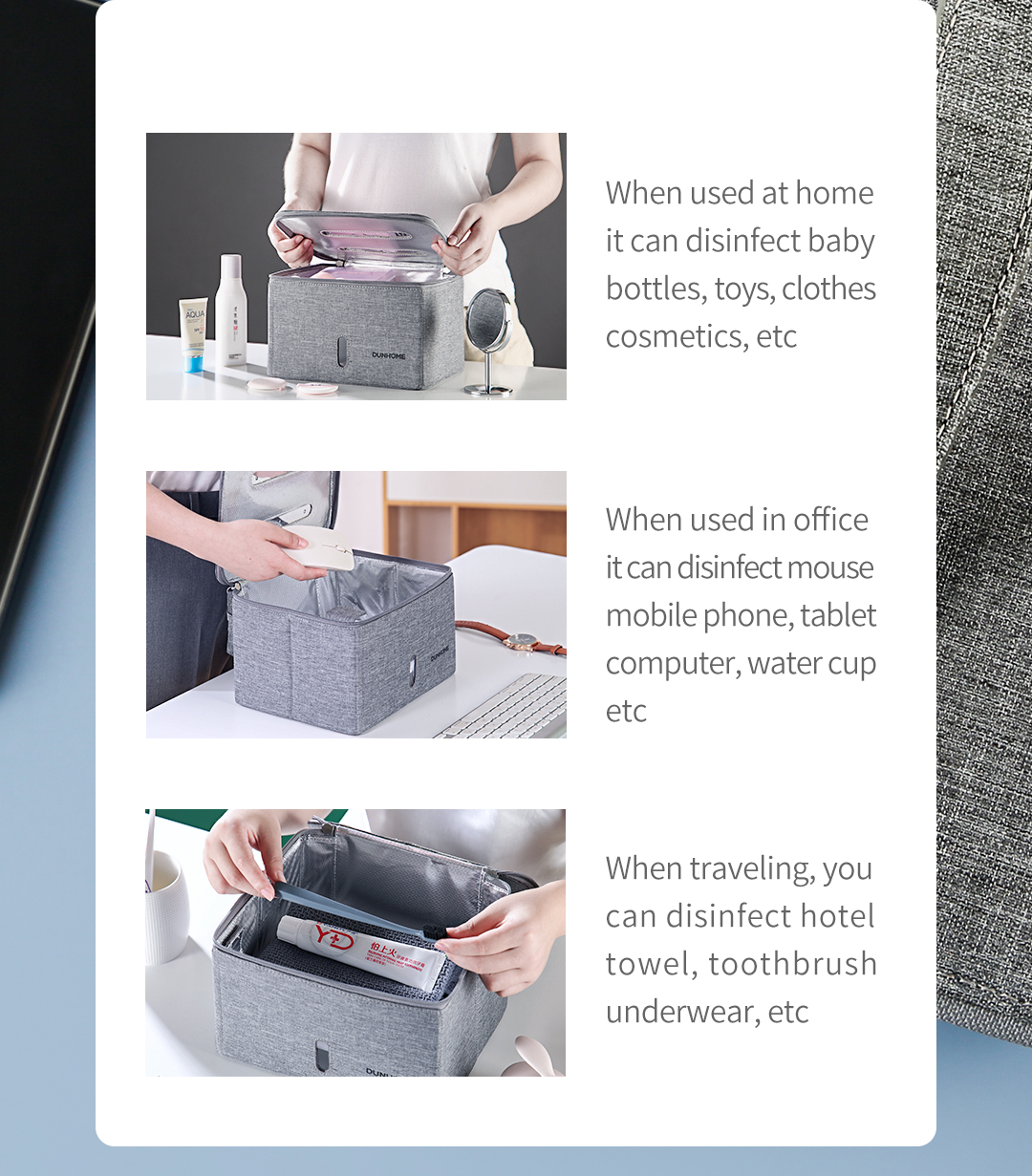 Foldable UV disinfection bag use scenarios