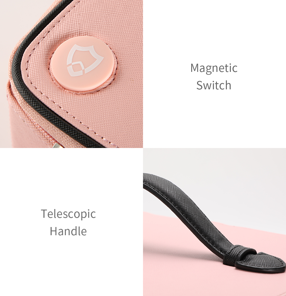 Foldable UV disinfection bag switch and handle details