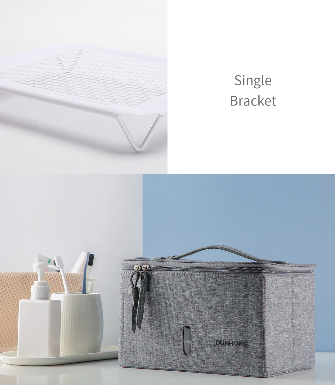 Foldable UV disinfection bag internal rack and storage view