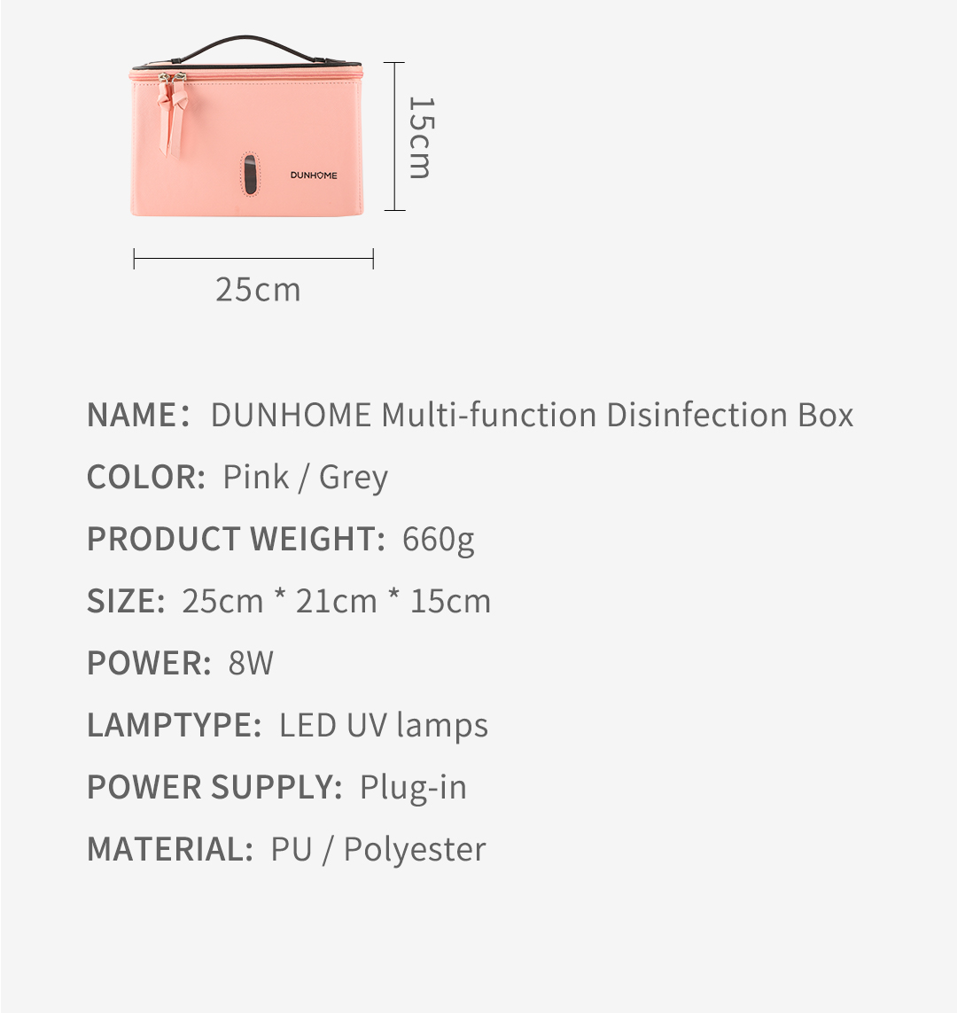Foldable UV disinfection bag dimensions and specifications