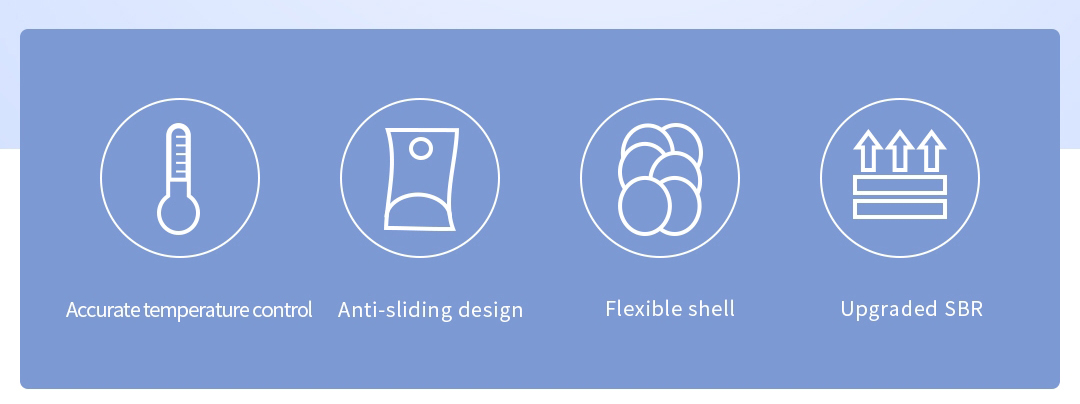 G10 Graphene Far-Infrared Heated Knee Pad: control, fit and material feature icons.