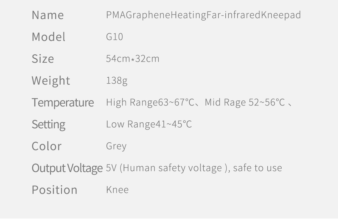 G10 Graphene Far-Infrared Heated Knee Pad: product model and specification panel.