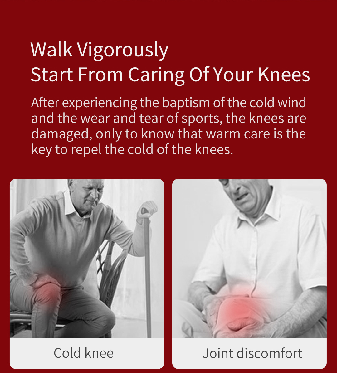 K30 Graphene Heated Knee Pad: knee discomfort illustrations.