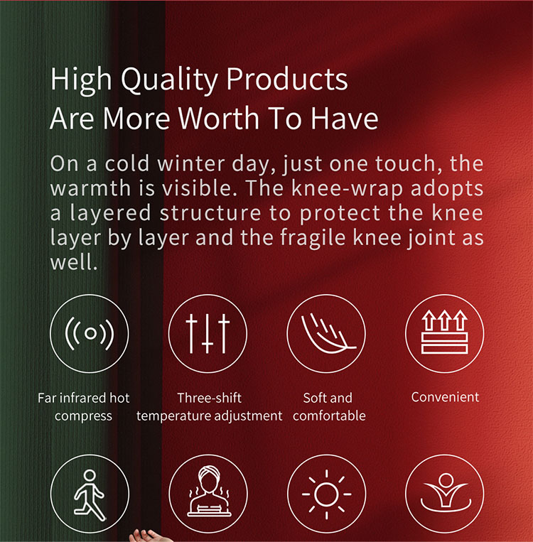 K30 Graphene Heated Knee Pad: product feature icon panel.
