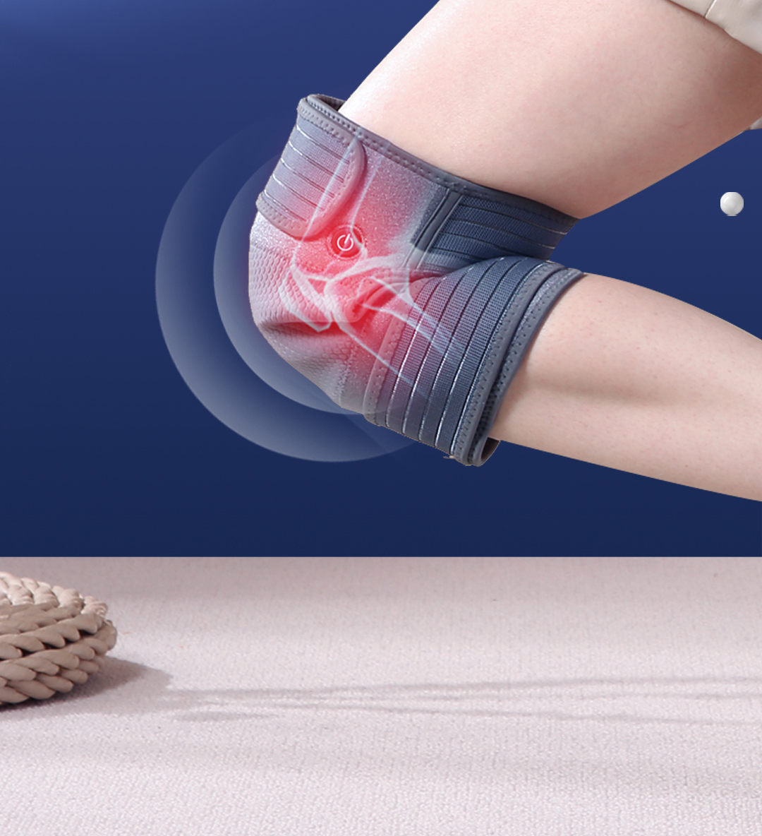 K30 Graphene Heated Knee Pad: bent knee wearing view and support illustration.