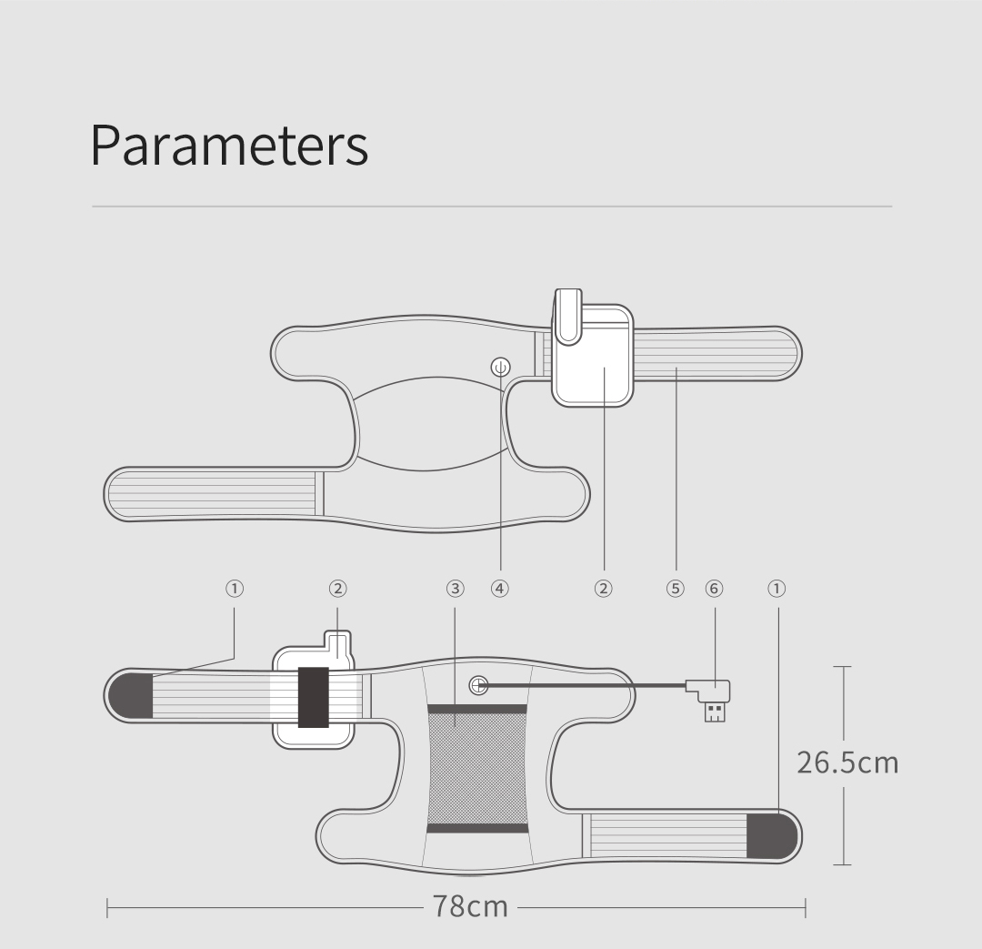 K30 Graphene Heated Knee Pad: unfolded knee wrap dimension diagram.