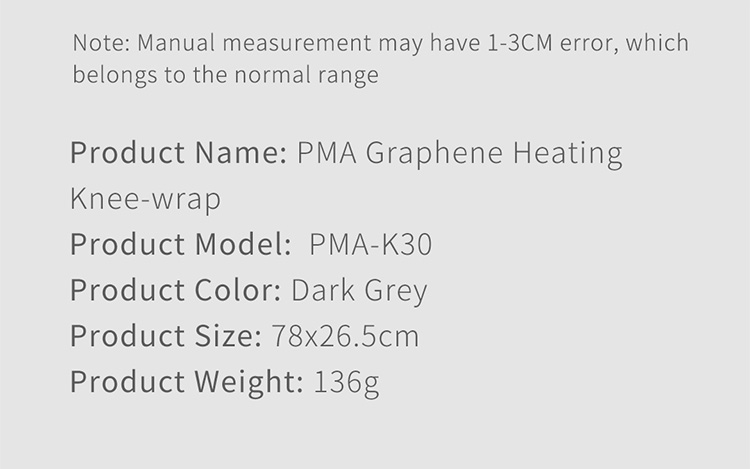 K30 Graphene Heated Knee Pad: product model and specification panel.