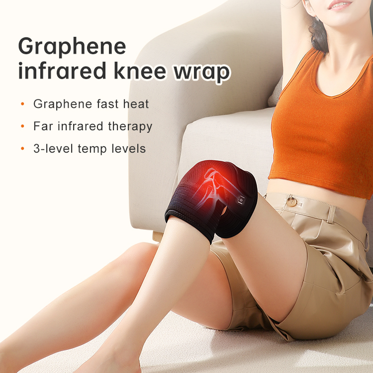 K30 Pro Graphene Heated Knee Wrap: woman wearing the wrap while seated.