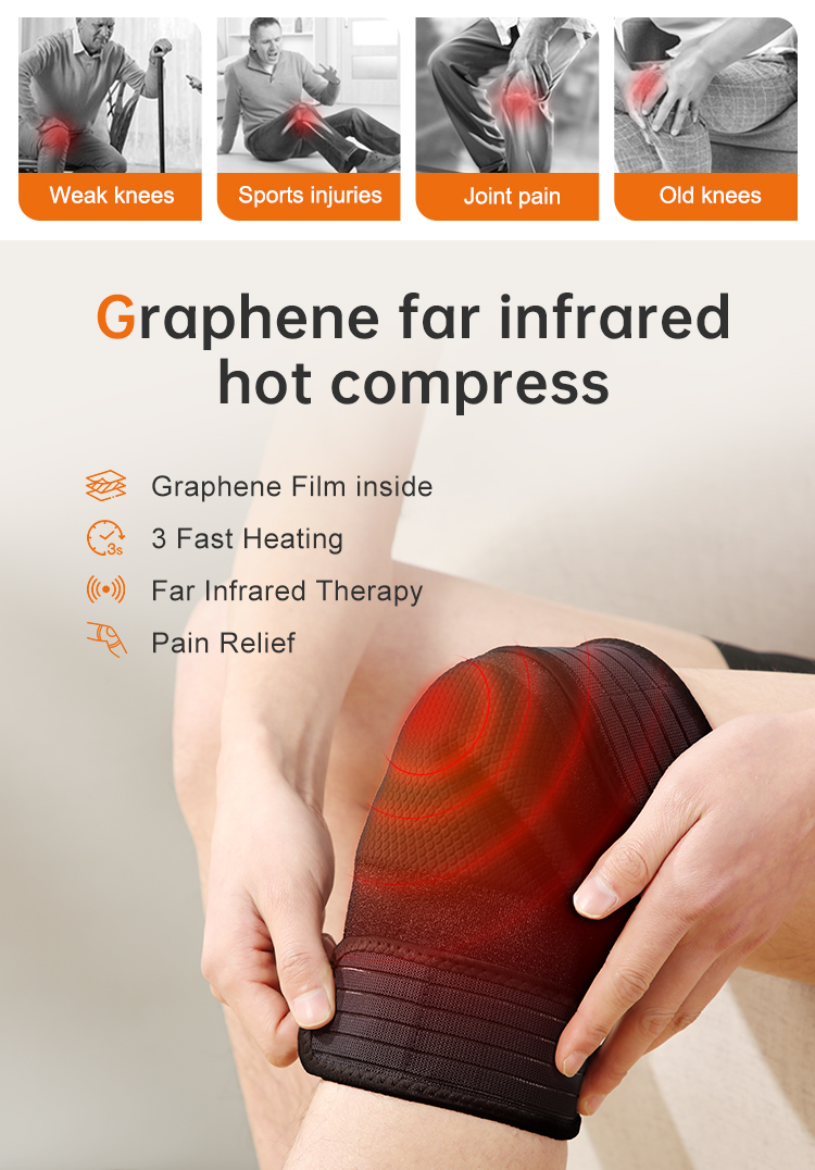 K30 Pro Graphene Heated Knee Wrap: knee wearing view and product overview.