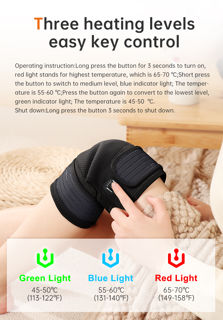 K30 Pro Graphene Heated Knee Wrap: button operation and temperature guide.