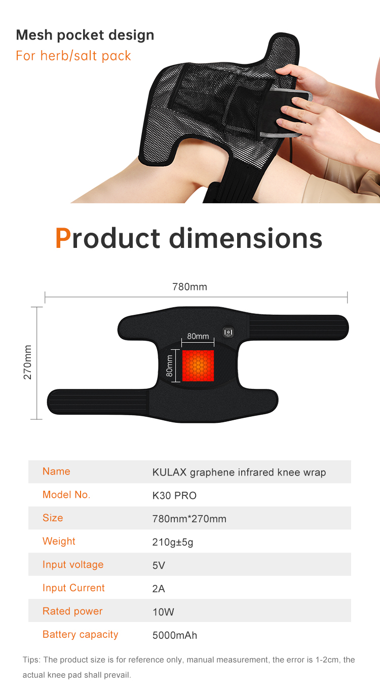 K30 Pro Graphene Heated Knee Wrap: inner pocket and product dimension diagram.