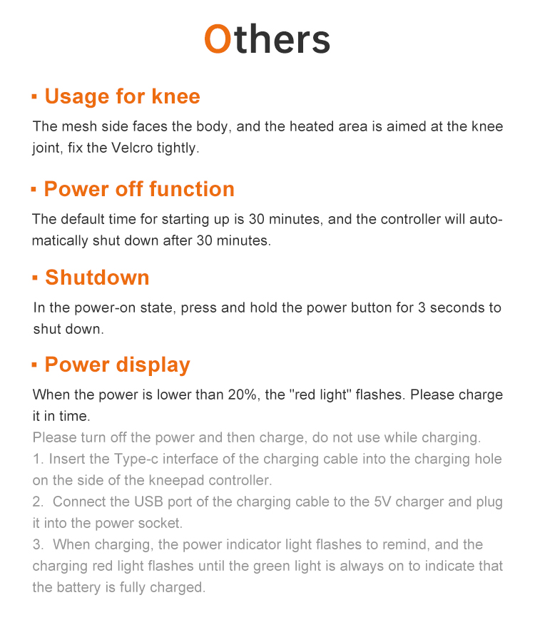 K30 Pro Graphene Heated Knee Wrap: printed use and power control instructions.
