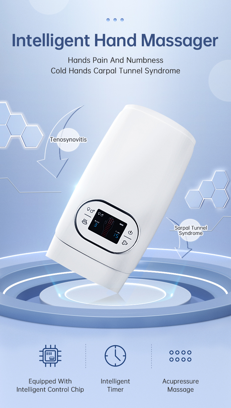 Hand Massager: angled product view and feature graphic.