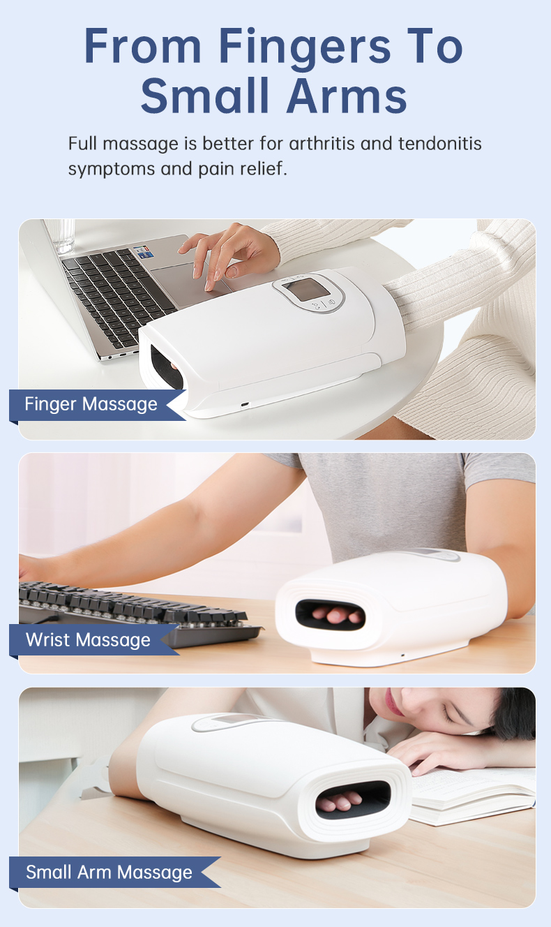 Hand Massager: hand, wrist and forearm positioning examples.