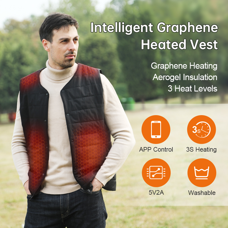 Graphene Heated Vest: outdoor wearing scene with feature icons.