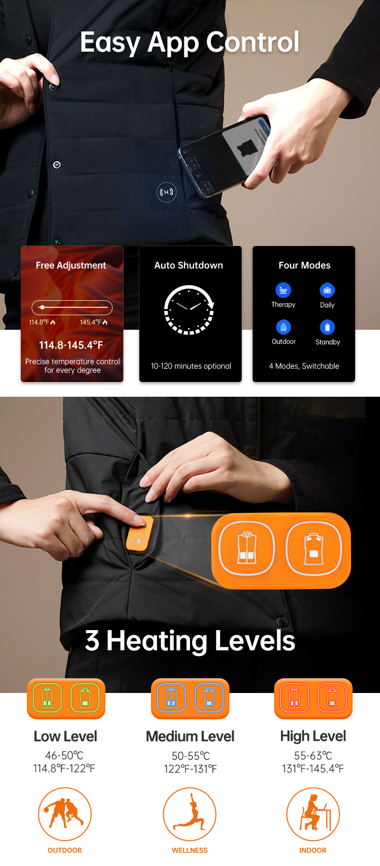 Graphene Heated Vest: mobile control and temperature settings guide.