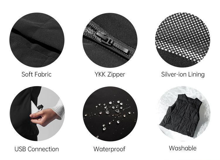 Graphene Heated Vest: fabric, zipper, lining and USB detail images.