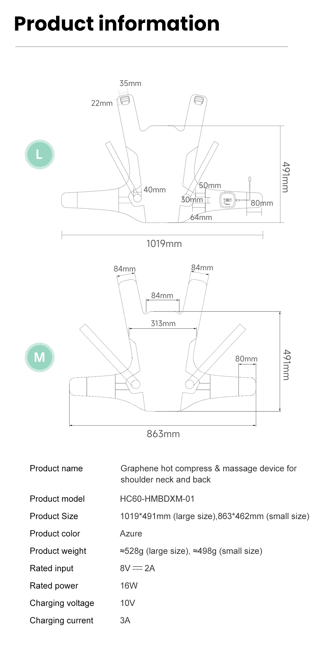 Heated shoulder and back massager dimensions and specification diagram