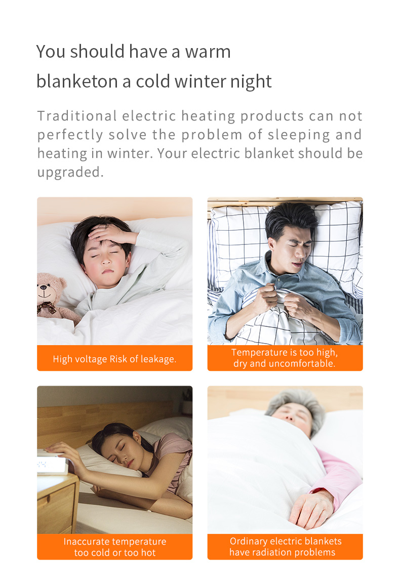 W20 Graphene Low-Voltage Smart Heated Blanket: sleeping and cold-weather comfort illustrations.