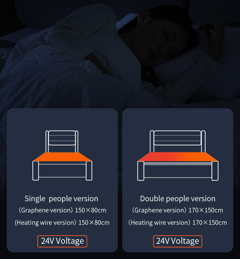 W20 Graphene Low-Voltage Smart Heated Blanket: single and double blanket layout comparison.