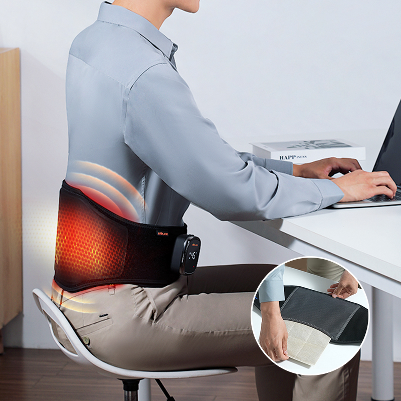 Graphene Heated Massage Belt: belt worn at an office desk.