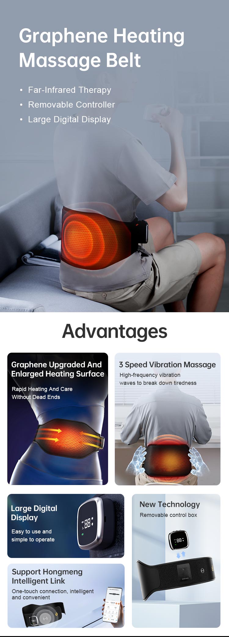 Graphene Heated Massage Belt: product overview and control features.