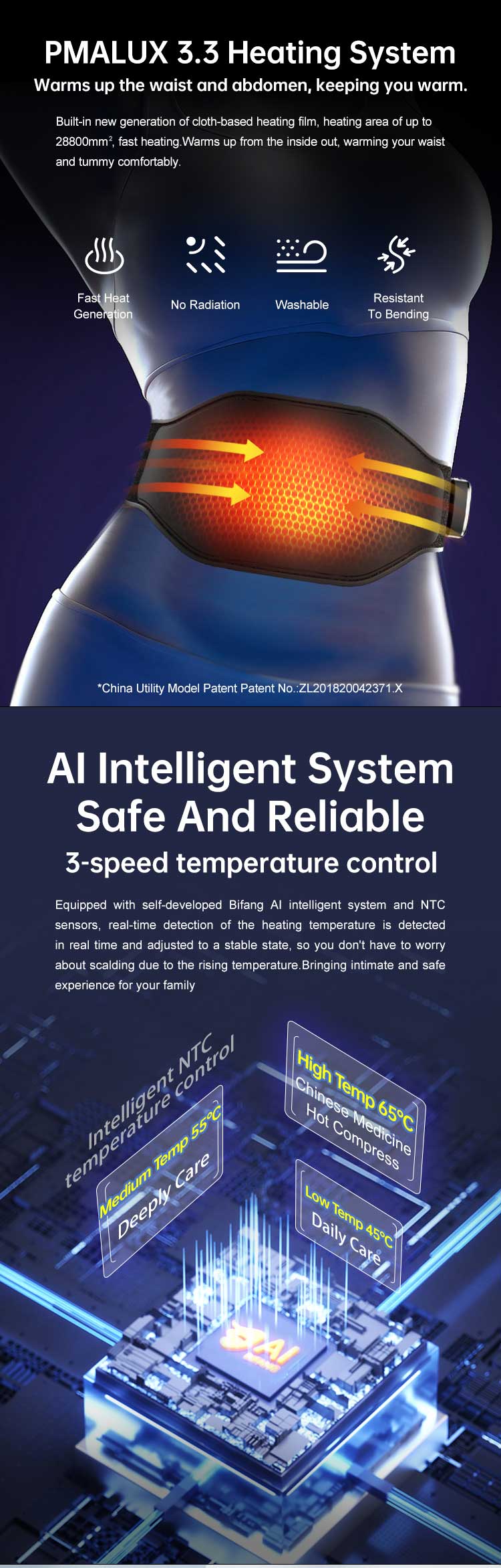 Graphene Heated Massage Belt: waist heating and electronic control illustration.