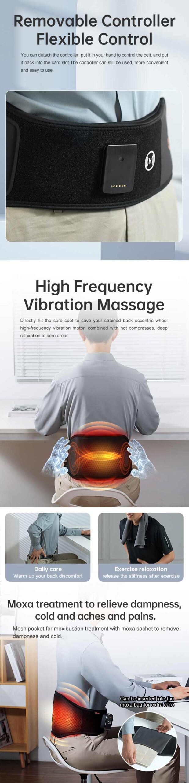 Graphene Heated Massage Belt: detachable controller and wearing examples.