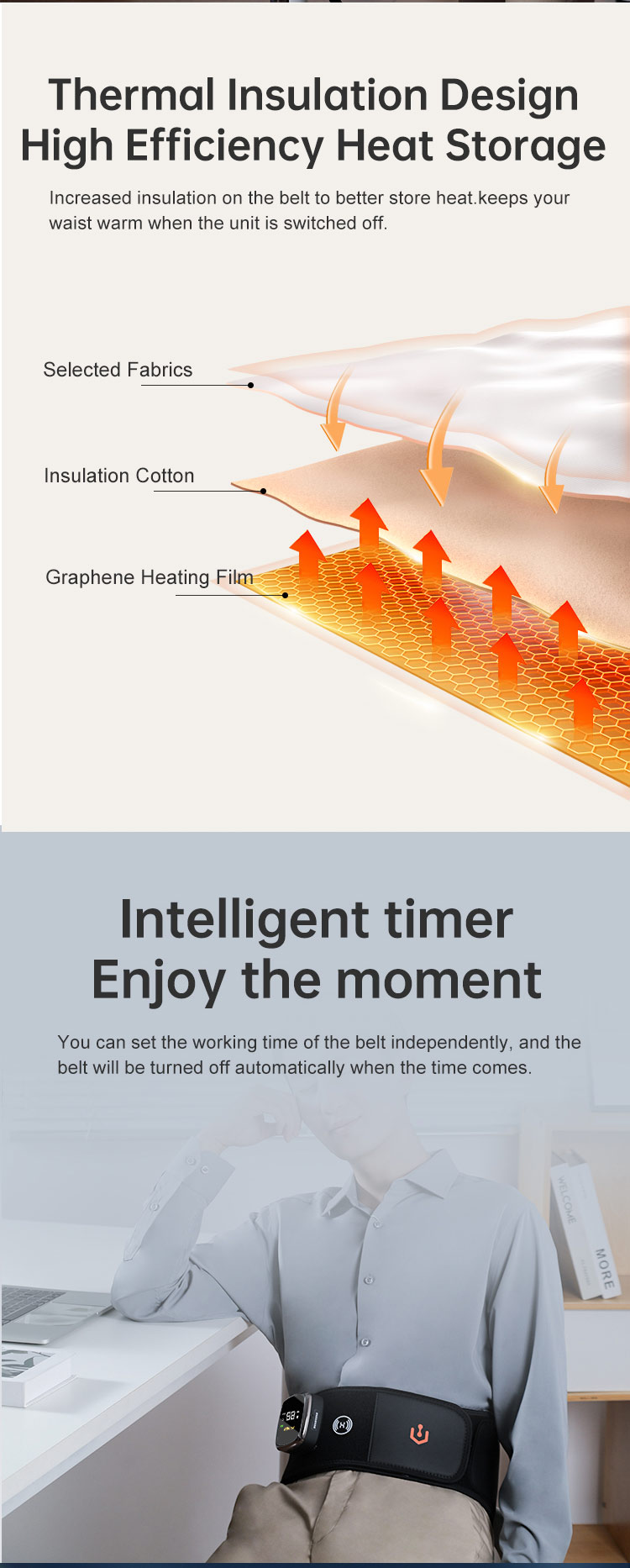 Graphene Heated Massage Belt: insulation layer and timer feature guide.