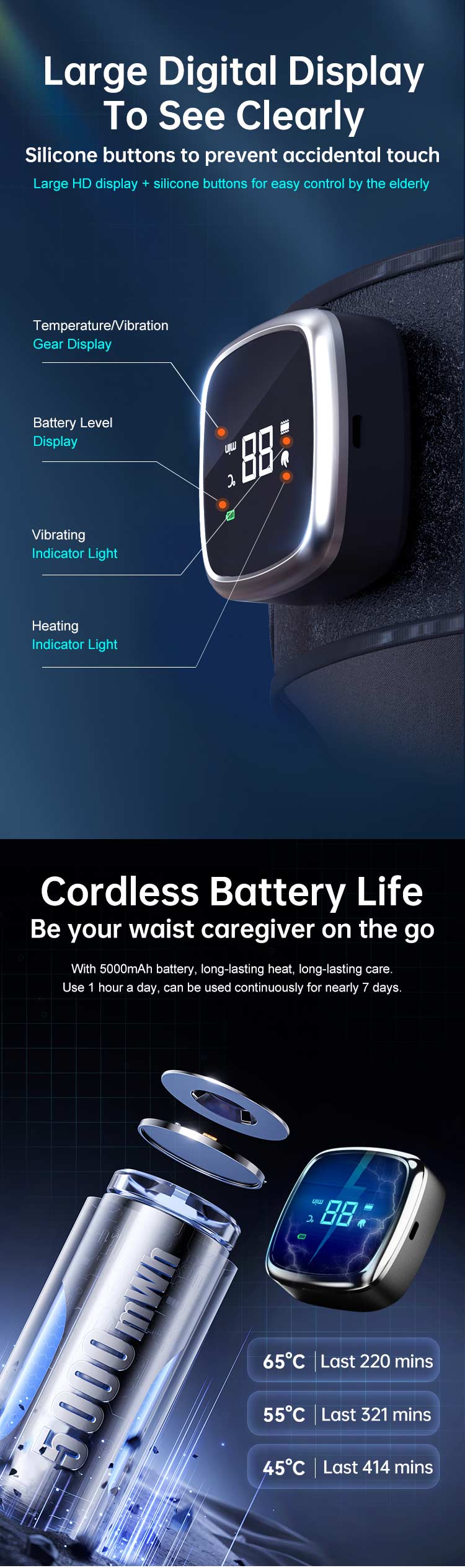 Graphene Heated Massage Belt: digital display and battery illustration.