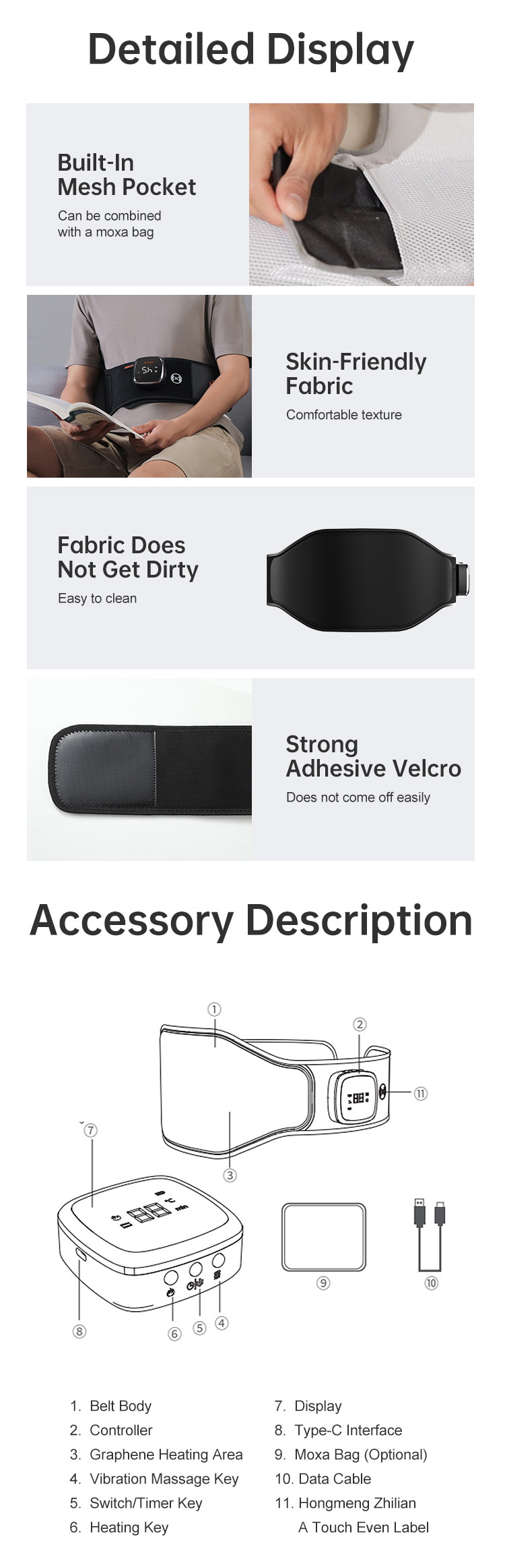 Graphene Heated Massage Belt: fabric, fastening and accessory diagram.