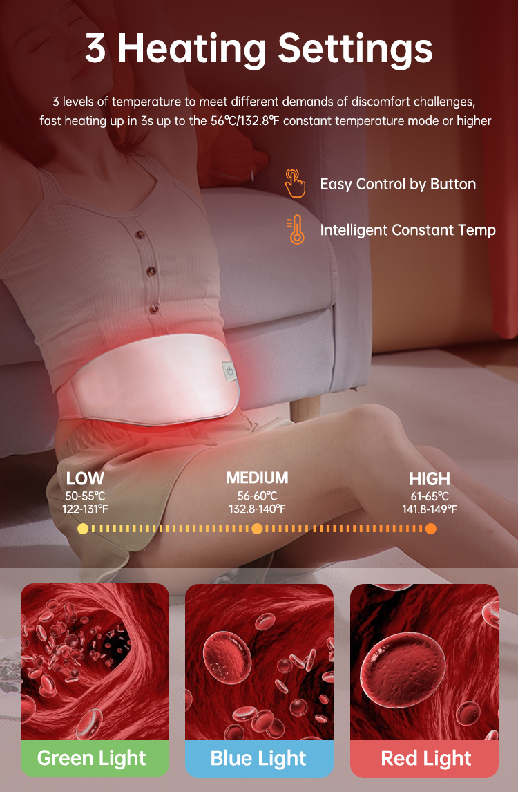 Three heating settings for the abdominal warmer