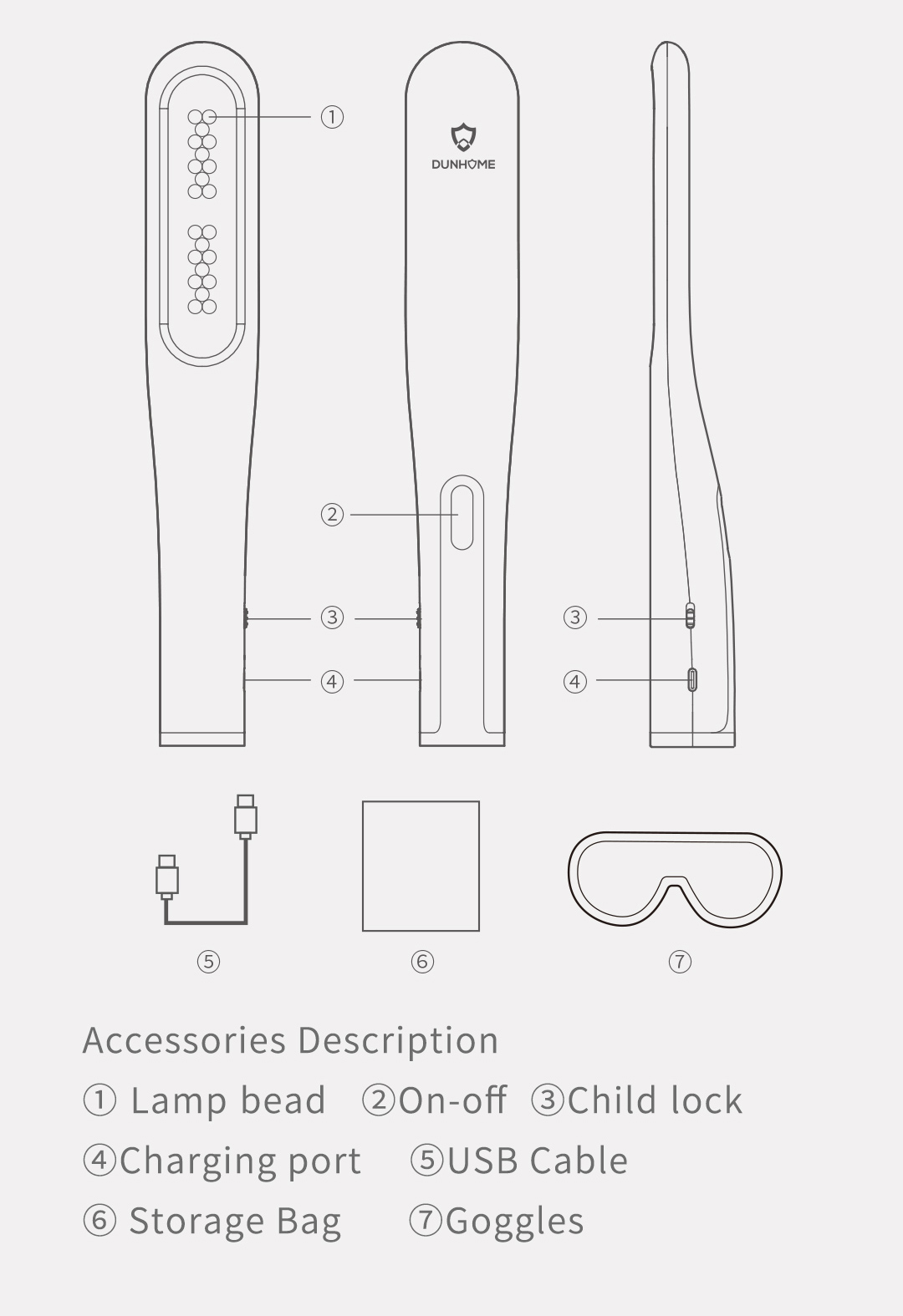 DH-007 UVC sterilization wand dimensions and accessories