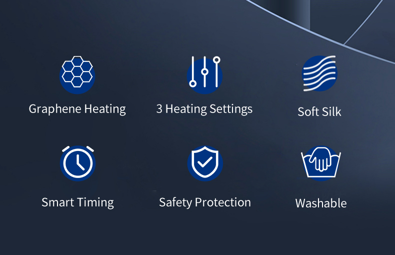 K-WB-B2V3 Graphene Heated Silk Neck Warmer: fabric, heating and control feature icons.