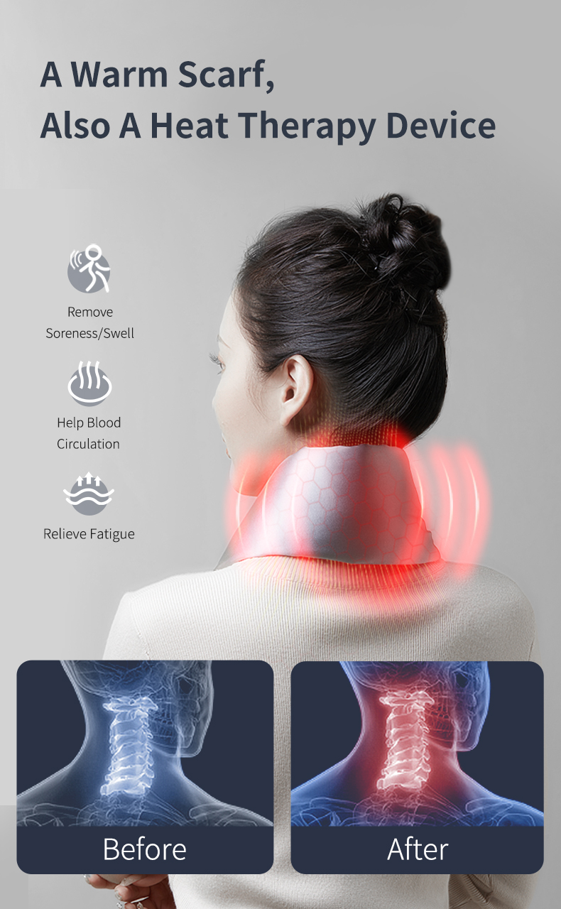 K-WB-B2V3 Graphene Heated Silk Neck Warmer: rear neck position and thermal comparison illustration.