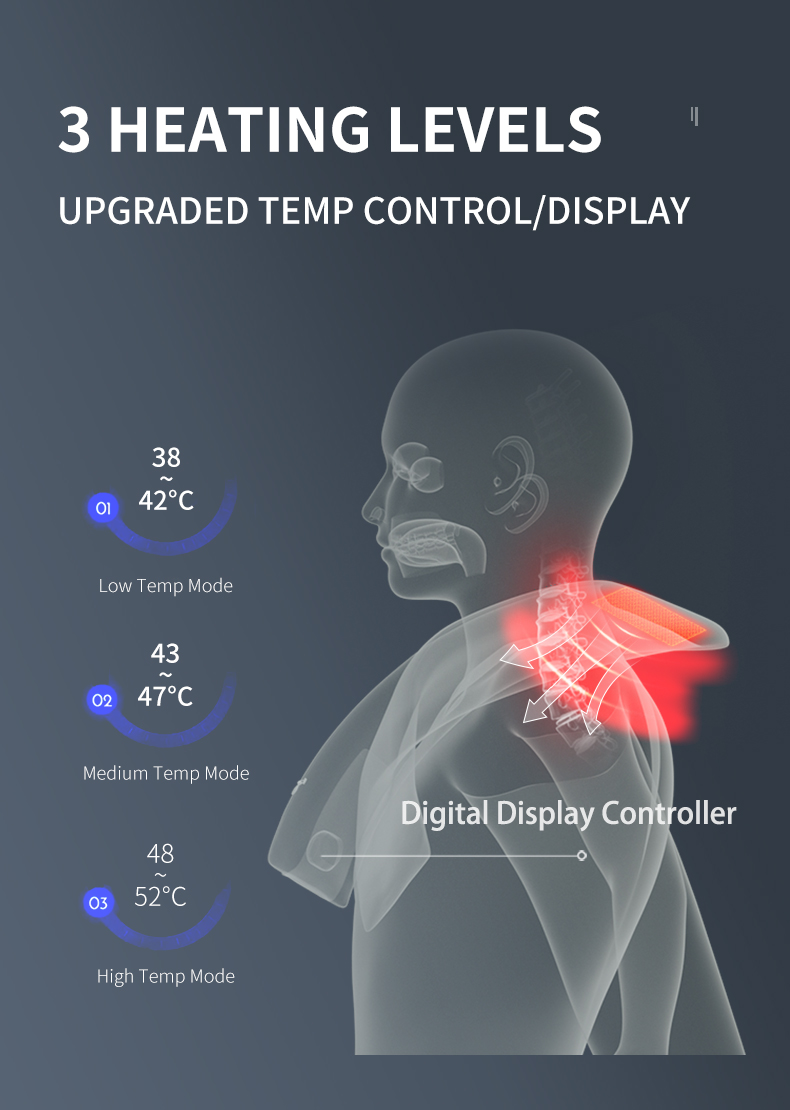 K-WB-B2V3 Graphene Heated Silk Neck Warmer: control display and heat setting guide.