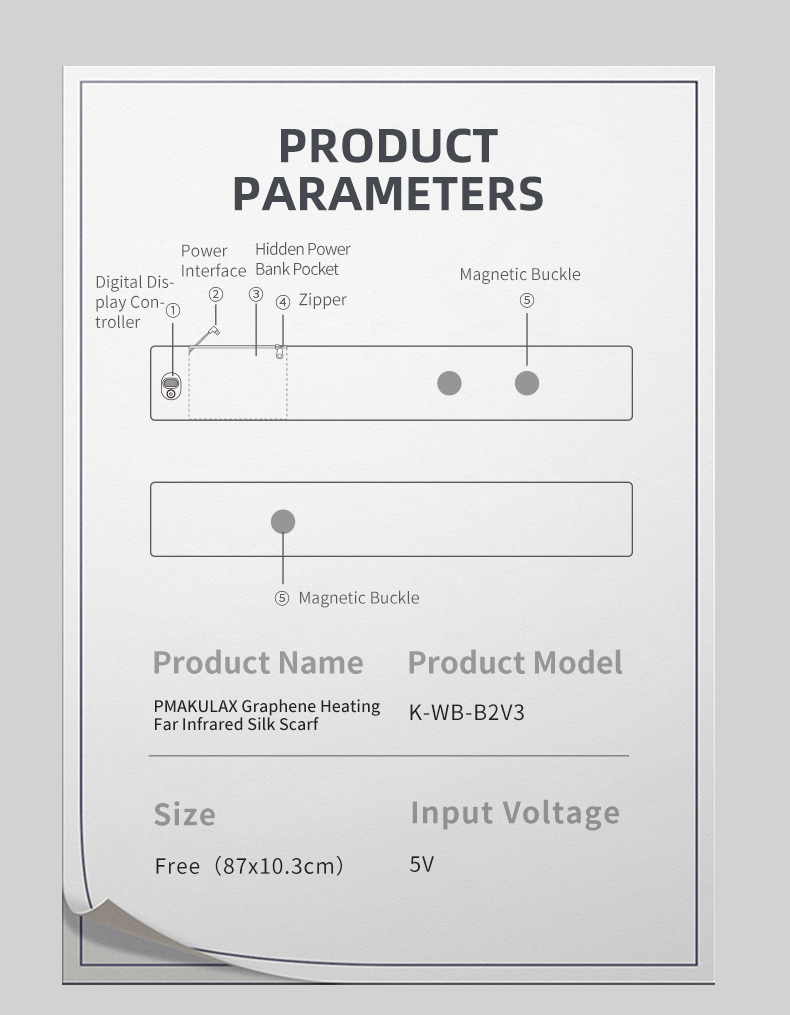 K-WB-B2V3 Graphene Heated Silk Neck Warmer: flat product diagram and specifications.